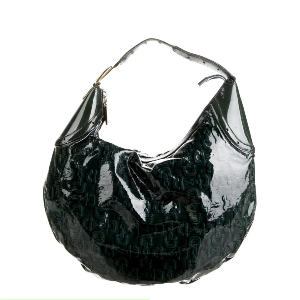 Gucci Green Patent Horsebit Leather Glam Hobo Bag Gold Hardware Water Resistant